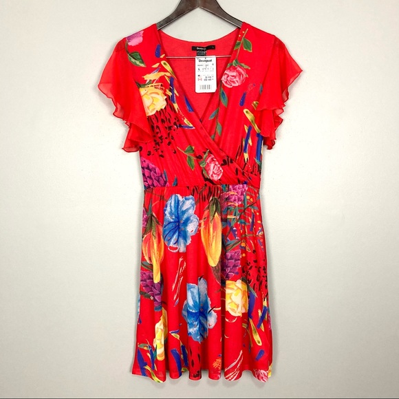 Desigual Miranda Flutter Sleeve Dress Women’s Size M Surplice Neckline Floral - Picture 2 of 9
